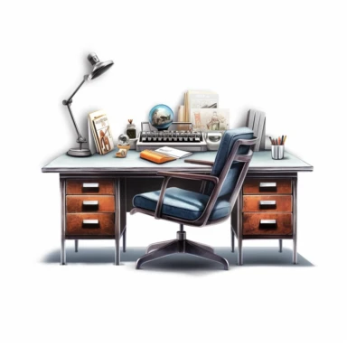 office desk in the style of digital airbrushing, realistic yet stylized, digitally enhanced, clipart, 32k uhd, white background