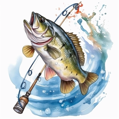 fishing rod And Bass Fish Watercolor Sublimation Clipart,Cartoon,hyper realistic, intricate detail, illustration style,high solution,on the white background