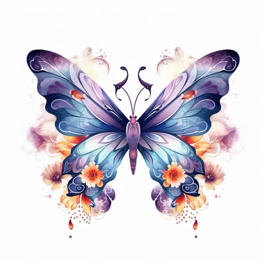 butterfly top of a floral flower with leaves, magical, cosmic nebula, patterned wings, luxury,clipart, white background