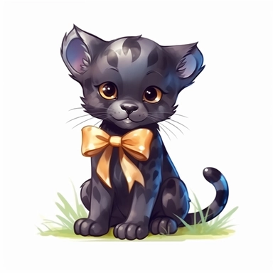Cute cartoon black panther with bow clipart for childish cards and books, illustration style, on white background, 4k, detailed, hd, watercolor