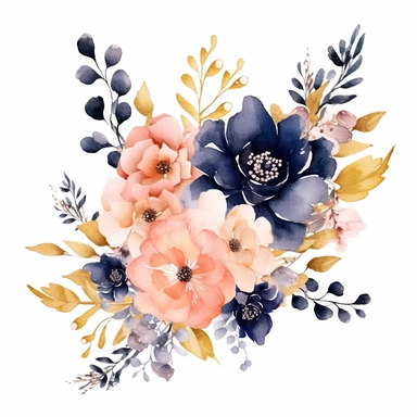 wedding floral clipart, watercolor, pink and golden and navy blue colors, isolated on white