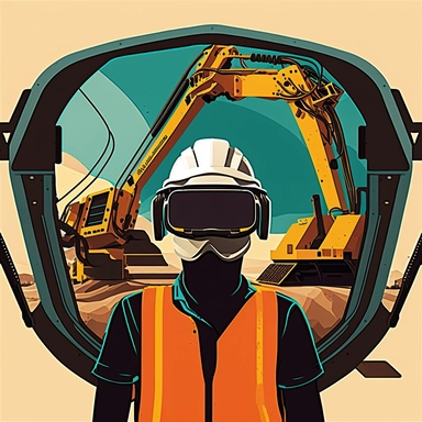 excavator cockpit, worker wearing vr headset, virtual reality hmd, poster, simplistic, abstract, vector, 2d illustration, clipart, few colors