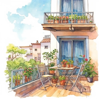 watercolor, hyper realistic, white background, white margins, 16k, ultra detailed clipart, cut out image, hand-drawn, whimsical manhwa style, ultra HD, sharp and clean art A cozy balcony with a small wooden table and chairs, surrounded by potted plants and blooming flowers, overlooking a garden.