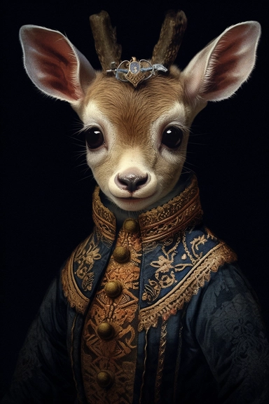vintage dark oil painting hasselblad 24 mm three quarters shot of a cute baby deer in victorian dress with blue eyes, clipart, on a dark vintage background, Composition: Relaxed position with intricate high hairstyle, detailed natural skin, Style: Steampunk, white background, hyperrealism, 32k