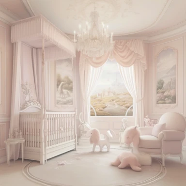 panoramic view, full view, beautiful elegant royal baby girl nursery room drawing painting, frilly, romantic, fantasy, ethereal, light pink and white colors, beautiful crib with beautiful full flowing canopy, beautiful bling crystal chandelier, soft pink teddy bear, beautiful large Victorian style window with beautiful pink flowing drapes, faux fur rug, sharp focus, high detail, 8k, illustration clipart style, transparent background
