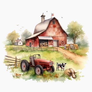 Make a clipart of a watercolor painting of a farm with barn animals and a tractor. no background