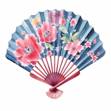 a cute one Japanese Folding Fan , watercolor Sublimation graphics, hand drawn illustration by katie daisy, Watercolor clipart, single design, single object, print on demand image, PNG transparent background, white background for removing background - - no text shadow font watermark, 8k