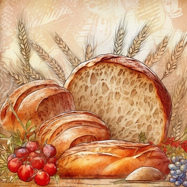 :decoupage card fresh baked bread background ornament, high detail, high sharpness many details soft colors, high resolution, clear lines, golden ratio, watercolor painting, illustration clip art octane render