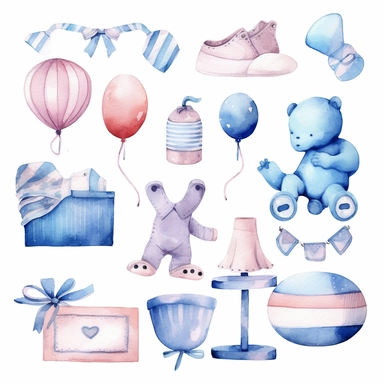 watercolor baby shower cliparts, blue, pink, boy or girl, white backrounds