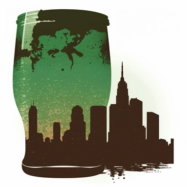 a silouette of the Boston skyline including a foamy beer mug, green color, clipart style design