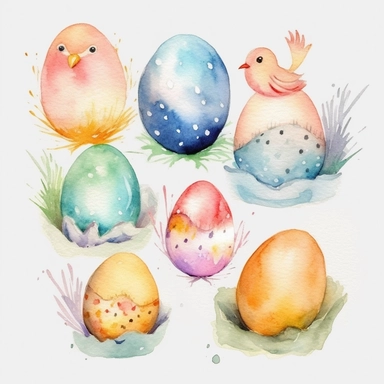 6 watercolor fancy easter clipart, isolated on white background,space out--ar3:2--s1000