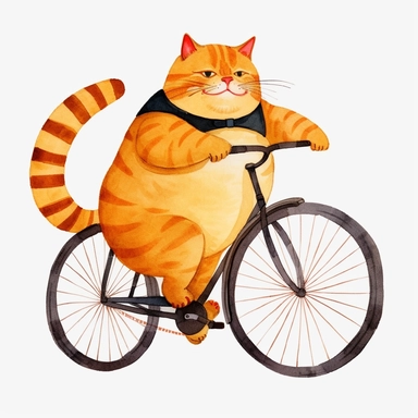 fat cat riding bicycle clipart white background