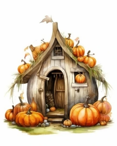 Watercolor clipart a hut with pumpkins outside, isolated on white background, hyper realistic, 4k