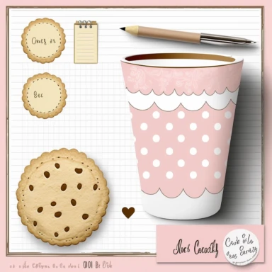 cookie clipart, to do list clipart, planner clipart, stationary, coffee cup, pink and white, c20, no words or letters, no numbers, V5