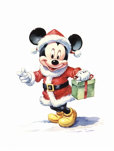 a cartoon clipart of mickey mouse in a santa outfit, 1960's golden book illustration, white background, watercolor