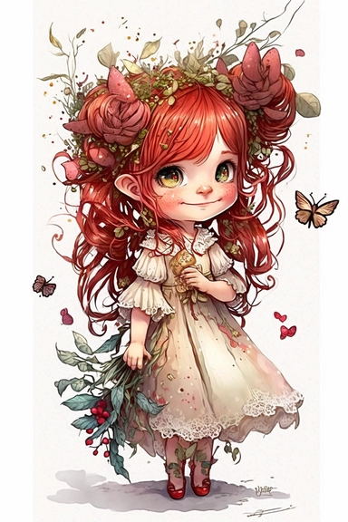 cute little fairy girl, red hair princess, flowers around, smiling, delicate, full body, nice worm eyes, watercolor clipart, intricate details, white background