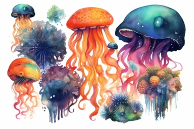 Watercolor, Craft a planet with bioluminescent oceans, shimmering with vibrant marine life clipart, hd, on a white background, spaced out