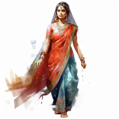 watercolor style, full body view, beautiful woman from India wearing traditional clothes, very detailed, realistic, clipart, isolated on white background, 4K