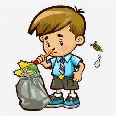 boy in school uniformsad, picking up trash, banana peel, candy wrapper, cartoon, clipart,