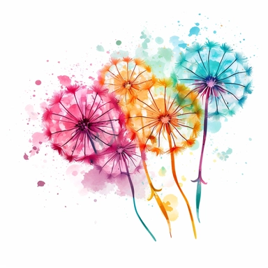 full head dandelions blowing in the wind. Paint Splashes on white background. Pink, purple, yellow, turquoise, green. Clipart