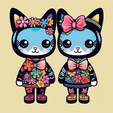 two Takashi Murakami style cats holding hands wearing cute dresses with big cartoon shoes, with bows in the hair , clip art, Japanese