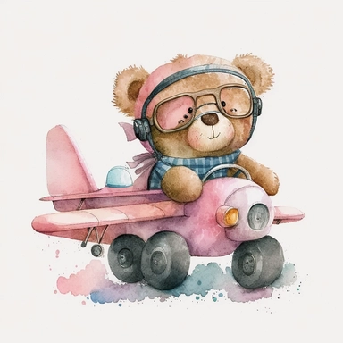 watercolor clipart cute happy teddy bear wearing pilot glasses on driving pink plane, white background