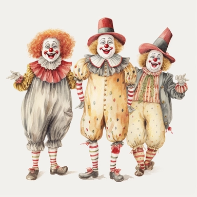 3 hand drawn vintage circus clowns acting silly , glamorous, soft, detailed and realistic, watercolor, clipart style, white background with margins
