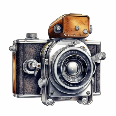 clipart of an old vintage camera facing forward in the style of realism with no elements, , luis ricardo falero, highly detailed illustrations, 32k uhd, white background