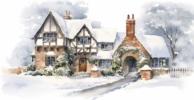 Cute English Cottage, snowy, watercolor clipart