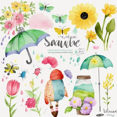 Please create a series of watercolor clipart illustrations featuring different items related to spring. Each illustration should be drawn in a charming and playful style that captures the beauty and vibrancy of the season. Items to include can be flowers, butterflies, birds, bees, rain boots, and umbrellas. Please use a coherent color palette that is bright and cheerful, but also soothing and calming. Colors that are associated with spring, such as greens, blues, pinks, and yellows, should be us