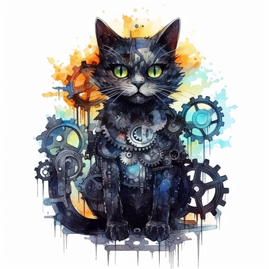 watercolour mechanical full body, black cat Steampunk illustration, white background, watercolor white background, clipart style, transparent background, white background, seperated, vector design, steampunk skull in dreamlike fantasy realism style on white background