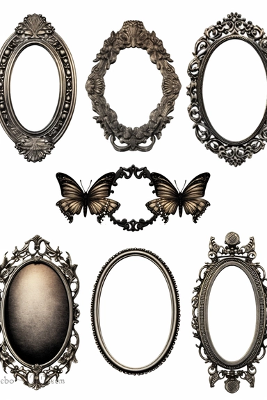 antique oval metal decorated frames, ornaments, halloween elements, clipart with white background