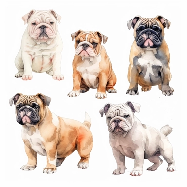 Line art, realistic watercolor, clipart collection, bulldog puppies in different pose, isolated on a white background