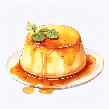Watercolor vintage japanese caramel custard flan purin clipart, hd, on white background, spaced