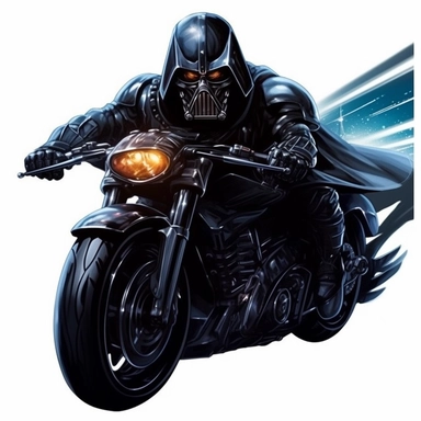 a realistic clipart, darth vader on his futuristic sports motorcycle