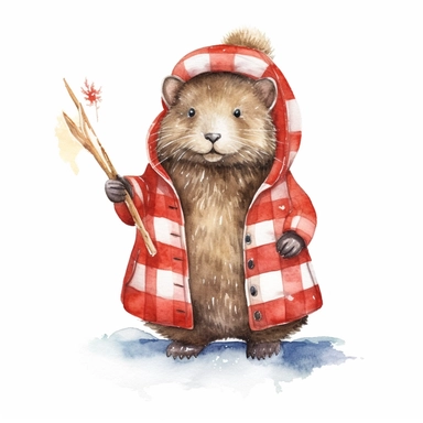 Design a detailed watercolor cliparts featuring a beaver. wearing winter clothes and holding a canada flag. Depict it in a playful and artistic style, emphasizing their connection to Canada. Ensure each clipart is isolated on a clean white background, with a file size of 120K