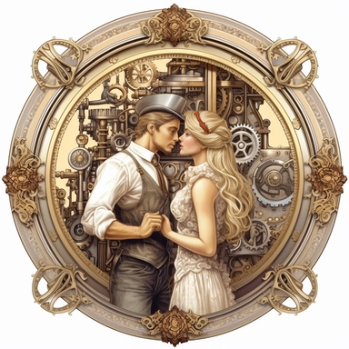 In the enchanting presence of a steampunk steam train, a couple's first kiss takes place, framed by the intricate gearwork and brass accents that adorn the classic locomotive, their love intertwined with the spirit of adventure. Ultra high quality, intricate detail, retro-futurism, pastel clipart, white background