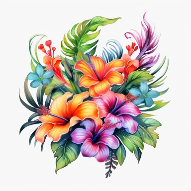 Tropical Flowers Clipart featuring beautiful Hawaiian flowers like the hibiscus, plumeria, and bird of paradise, showcasing their vibrant colors and intricate details, realistic with high details, beautifully colored with strong pastel colors in a beautifully colored and fantasy magical fairytale mesmerizing style, emotionally pleasing watercolor style in the style, 8k hd detailed quality on a white background