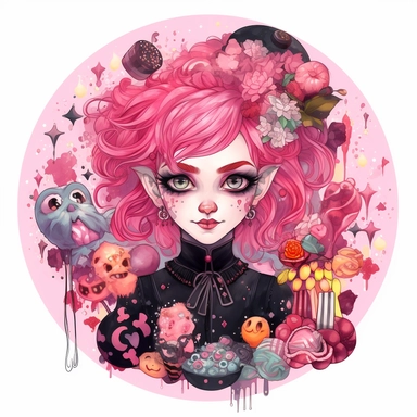 A colourful pink-black-red candy magician with pink hair. in a gothic fantasy style, depicted in a clipart image on a white background. She has a clean charismatic face. The candy-magician is placed in the center of the image and surrounded by mystical candies, cookies, muffins and magical elements, such as bats, potions, and enchanted crystals in a candy style. The image is created with watercolors, giving it a whimsical and mystical feel. character in the style of Aleksi Briclot.