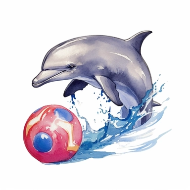 a Dolphin With beach Ball in the style of watercolour clipart with detailed brush strokes
