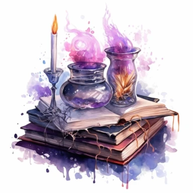 Spellbook, in the style of light silver and violet, mysterious and dreamlike scenes, realistic painted still lifes, vibrant watercolors, dreamlike installations, witchy academia, contest winner, watercolor clipart