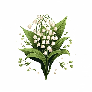 Enchanting spring lily of the valley clipart against a pristine white background. The illustration showcases a bunch of delicate lily of the valley flowers with tiny white bell-shaped blooms and lush green leaves. The white background adds a modern and fresh feel, allowing the lilies of the valley to exude their enchanting beauty. The lighting is subtle and luminous, casting a gentle glow on the flowers. The atmosphere exudes a feeling of elegance and natural grace.