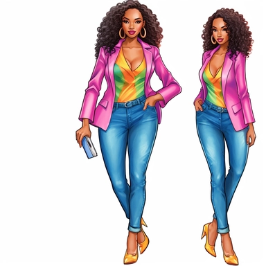 ultra realistic, clipart, hand-drawn, young African American woman is wearing a vibrant and colorful suit jacket, ripped denim jeans that fits her curvy hips, she has glowing skin. She completes her outfit with a pair of simple and elegant high heels that complement the suit jacket. She has ultra long, ultra straight silk pressed hair is carefully styled, framing her face and cascading down her back. Her confident and radiant smile adds to her beauty and grace, making her stand out in any crowd.