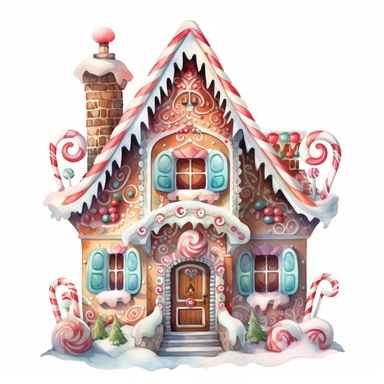 watercolor beautiful vintage Christmas gingerbread house candy house with icing fantasy clipart, whimsical, detailed watercolor style, on white background