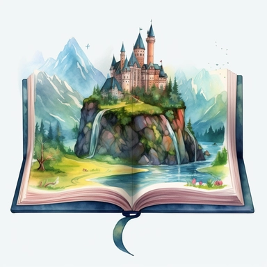 a big opened Fantasy Book Laying there with a heroic mystically themed scenery immerging out of the pages. The Scenery is featuring the neuschwahnstein castle, in a magical wizzard and witch world. It is drawn in a mesmerizing clear lined simple watercolor illustration style by Tugce Audoire using bold and saturated colors. It is a png clipart on a white background, it should be easy to cutout and remove the background from, so only use saturated colors around the edges of the clipart. The compo