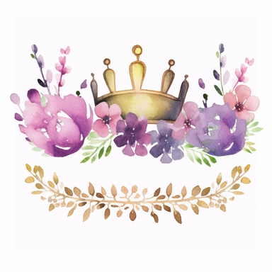 line of purple and lilac watercolor flowers with a simple clipart princess crown on top, watercolor gold, pink, purple, green, white background