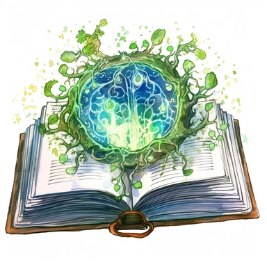Solid white background, Detailed watercolor open ancient magic book that is encased in enchanted vines that form an alter for the open book to sit, greenblue northern lights glow from the book's pages, clipart. The visable pages of the book have sketched magic circles on them visibly