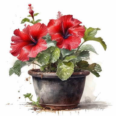 a simple gorgeous red Hibiscus flowers plants growing out from a small pot on white background clipart, watercolor painting realistic, high quality, vibrant, Vicente Romero Redondo, Willem van Aelst, Elsa Beskow
