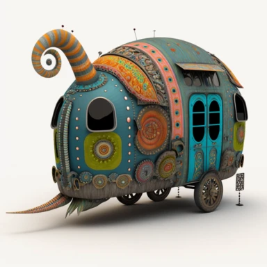 D patchwork clipart, mutant steampunk giger, stitched fabric yurt, colorful die cut sticker, patchwork quilted mechanical caravan, 3D, HD, unreal engine, 8k, centered
