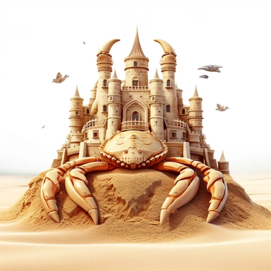 Clipart,An intricate sandcastle built by a crabs, hyperrealistic, hyper high definition